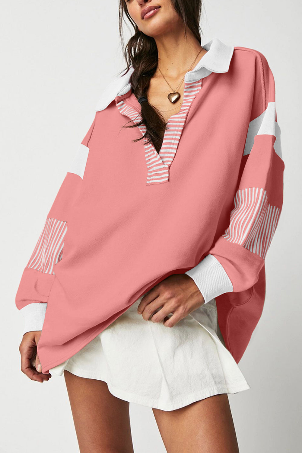 Pink Casual Striped Colorblock Patchwork Collar Sweatshirt