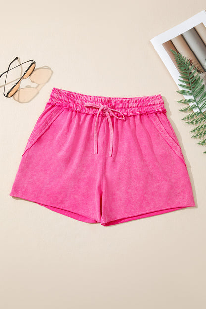 Rose Red 100% Cotton Mineral Washed Drawstring Elastic Waist Raw Cut Shorts