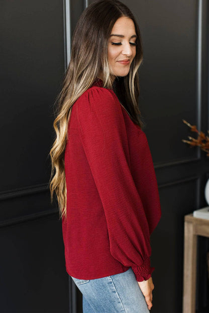 Burgundy Notched Neck Shirred Cuff Long Sleeve Blouse