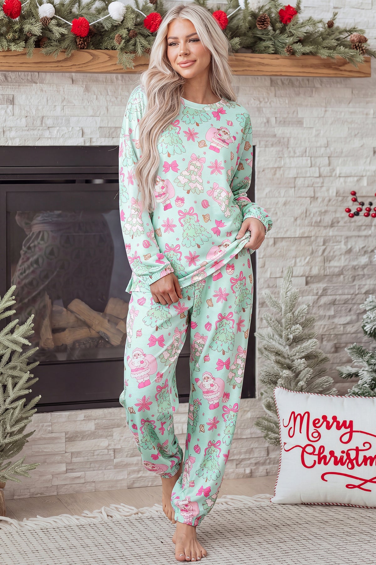 Green Abstract Print Long Sleeve Two Piece Lounge Set