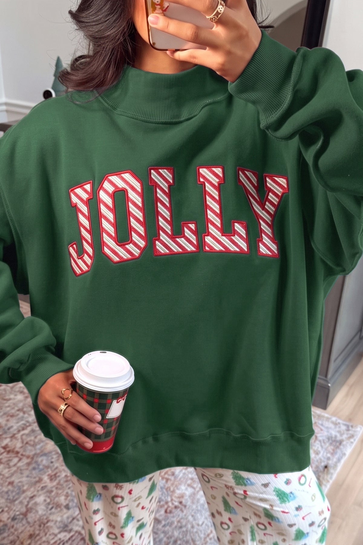 Blackish Green MERRY Embroidered Letter High Neck Tunic Pullover Sweatshirt