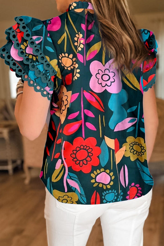 Green Trimmed Ruffle Sleeve Summer Floral Blouse