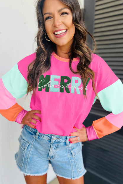 Haut à manches longues en chenille rouge rose avec patchs MERRY Christmas