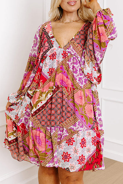 Robe grande taille à manches longues, col en V, lacets, imprimé floral, rose et bleu