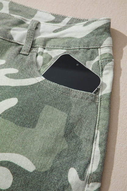Green Camo Print Button Fly Straight Leg Ankle Length Jeans