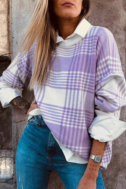 Lilac Plaid Print Ribbed Trim Loose Sweater