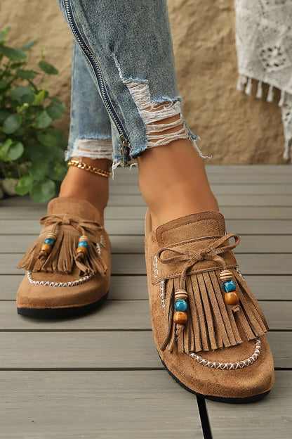 Chestnut Boho Bow Fringed Faux Suede Slip-on Loafers Square Toe Casual Slippers