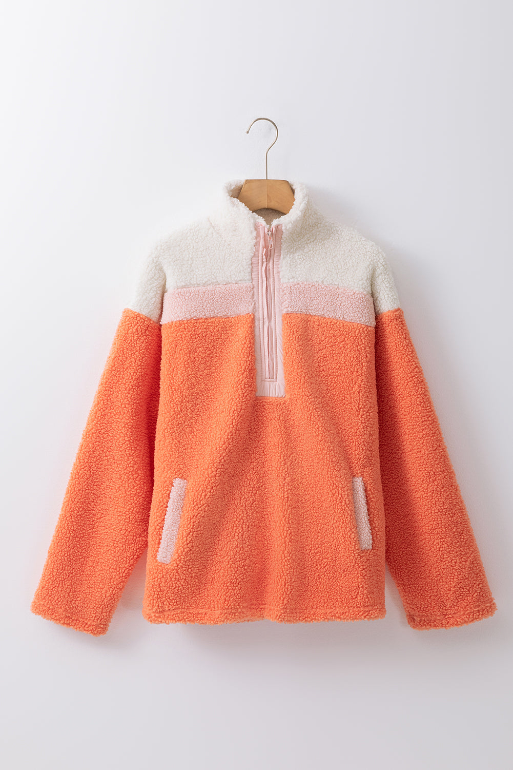 Sweat-shirt sherpa orange à col montant et demi-fermeture éclair
