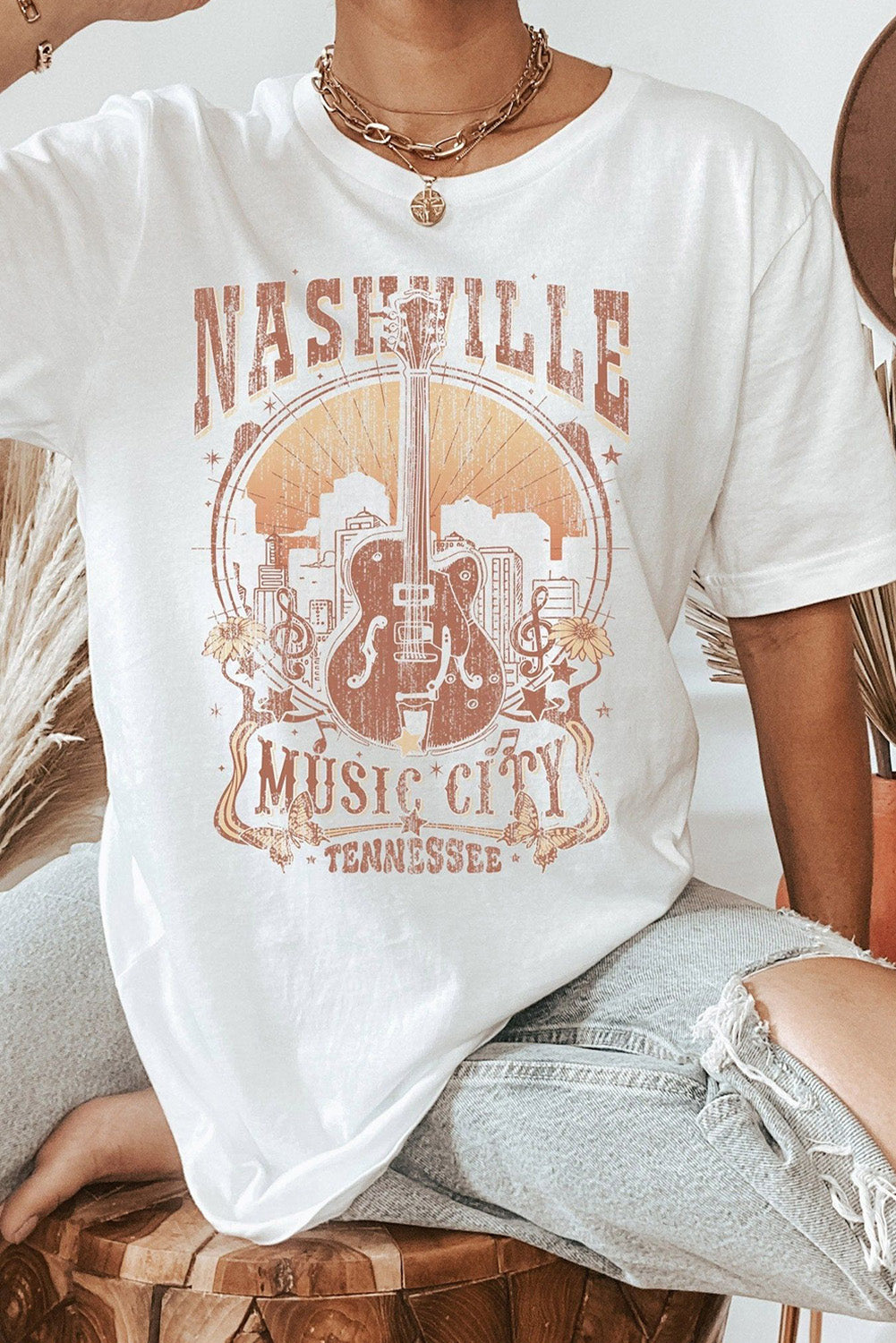 T-shirt ras du cou blanc vintage avec imprimé Nashville Music City