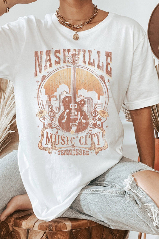 T-shirt ras du cou blanc vintage avec imprimé Nashville Music City
