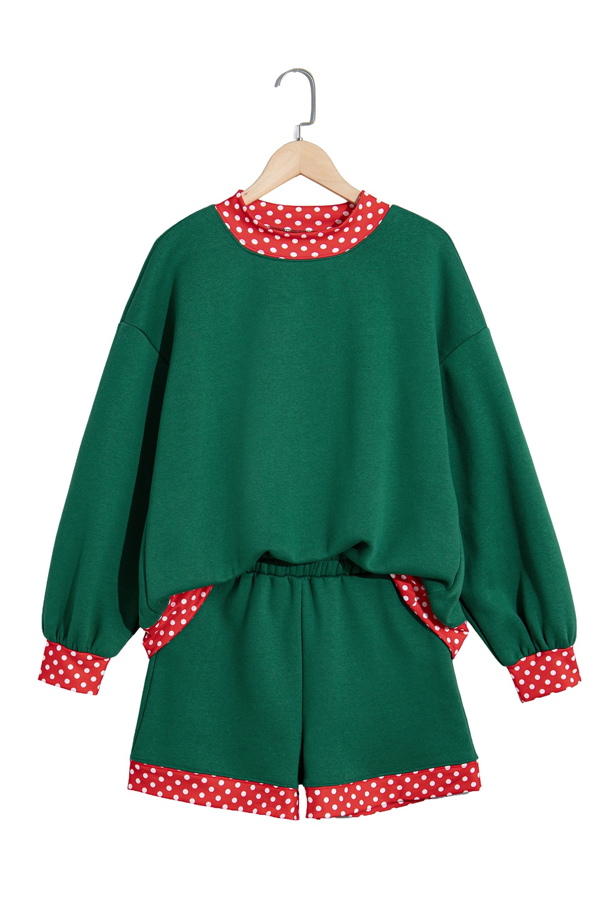 Evergreen Polka Dot Trim Baggy Pullover 2pcs Short Set