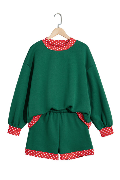 Evergreen Polka Dot Trim Baggy Pullover 2pcs Short Set