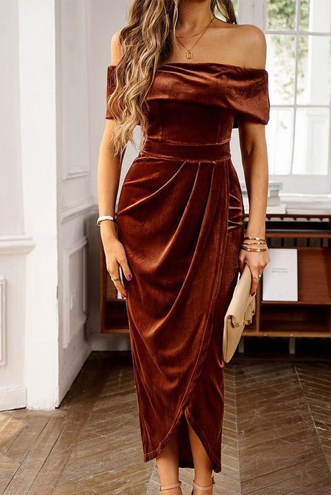 Chestnut Velvet Off Shoulder Pleated Wrap Evening Dress