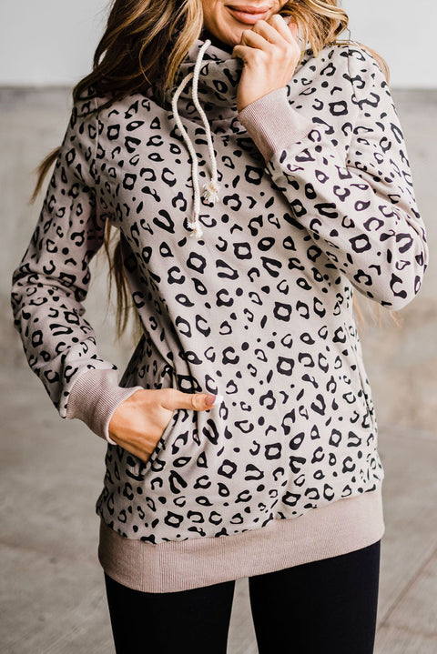 Sudadera con capucha y cuello alto con cordón y bolsillo canguro de leopardo 