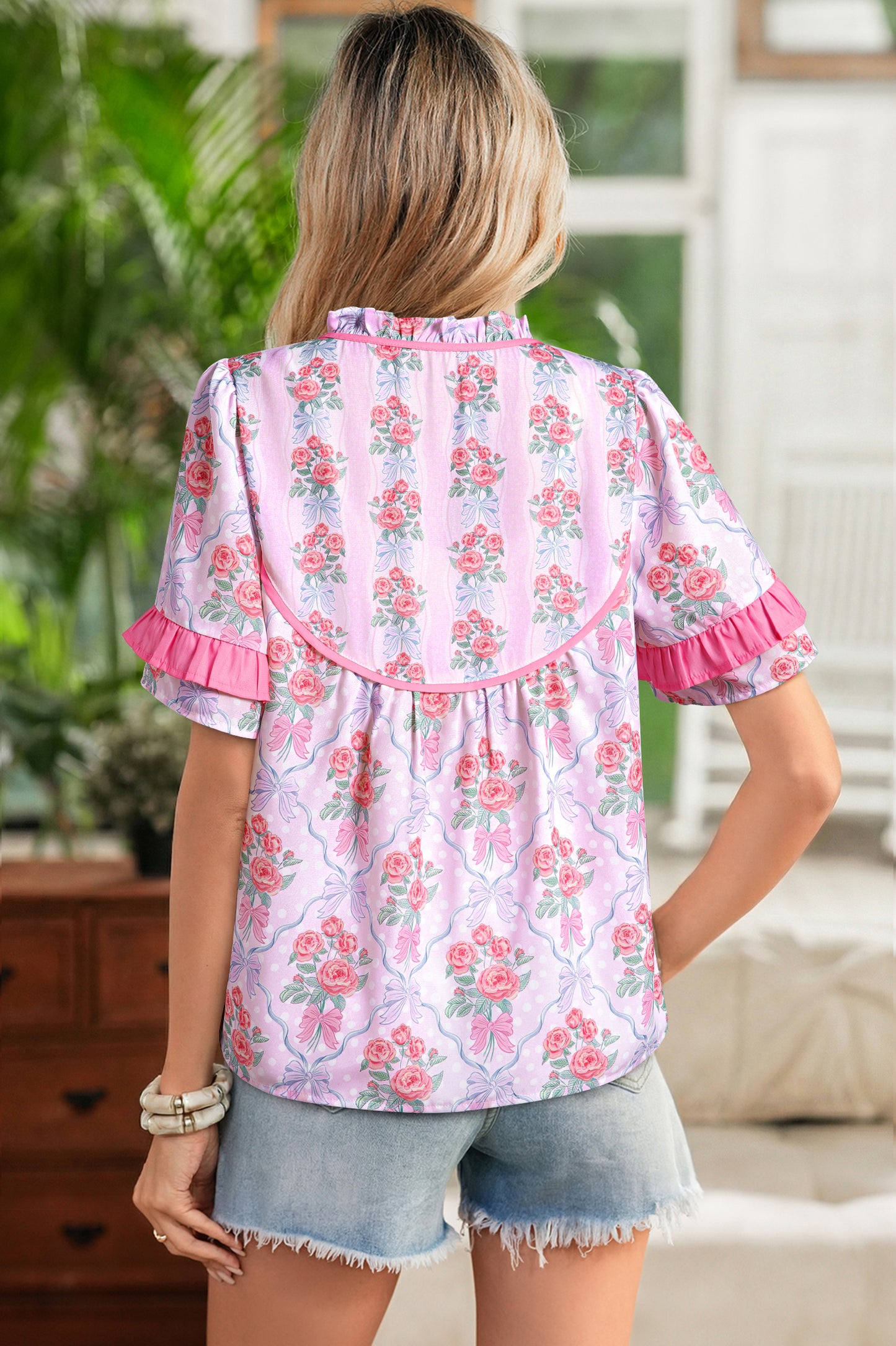Purple Coquette Floral Bow Printed Contrast Ruffled Short Sleeve Blouse