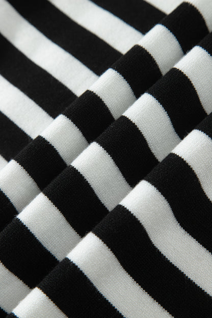 Black Striped High Neck Contrast Ruffle Detail Casual Sweater