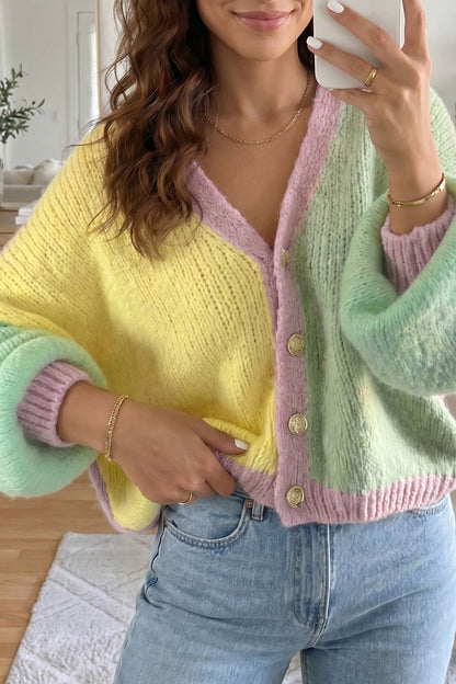 Yellow V Neck Drop Shoulder Patchwork Regular Wash Knitwear Cardigan