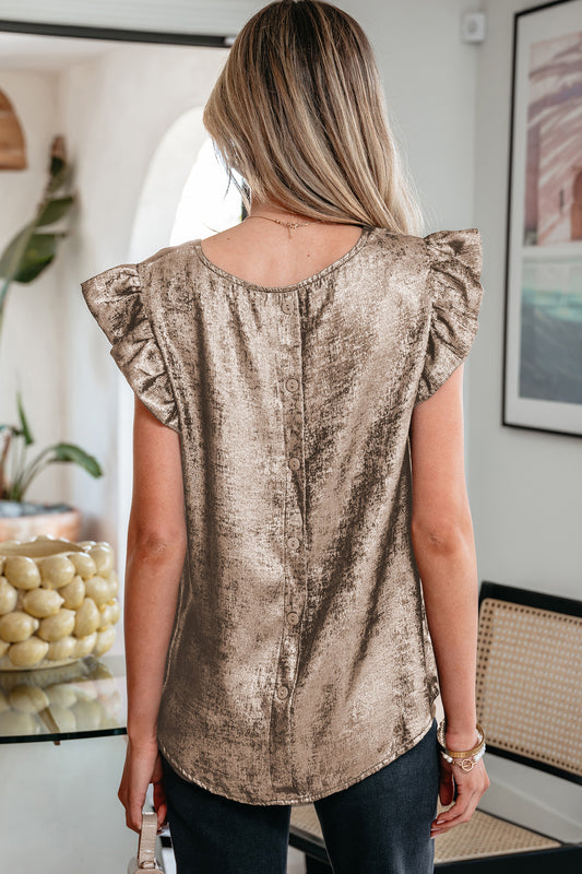 Gold Metallic Round Neck Ruffle Trim Sleeveless Top