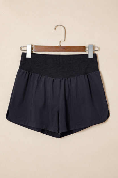 Black Solid Color Ribbed Patchwork High Waist Athletic Shorts