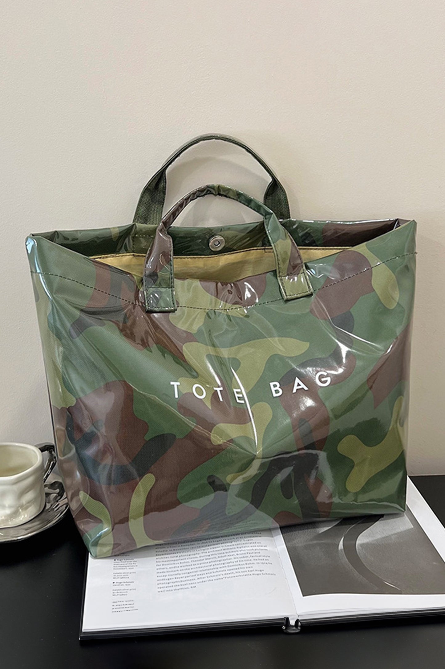 Jungle Green Camouflage Glossy PU Leather Tote Bag