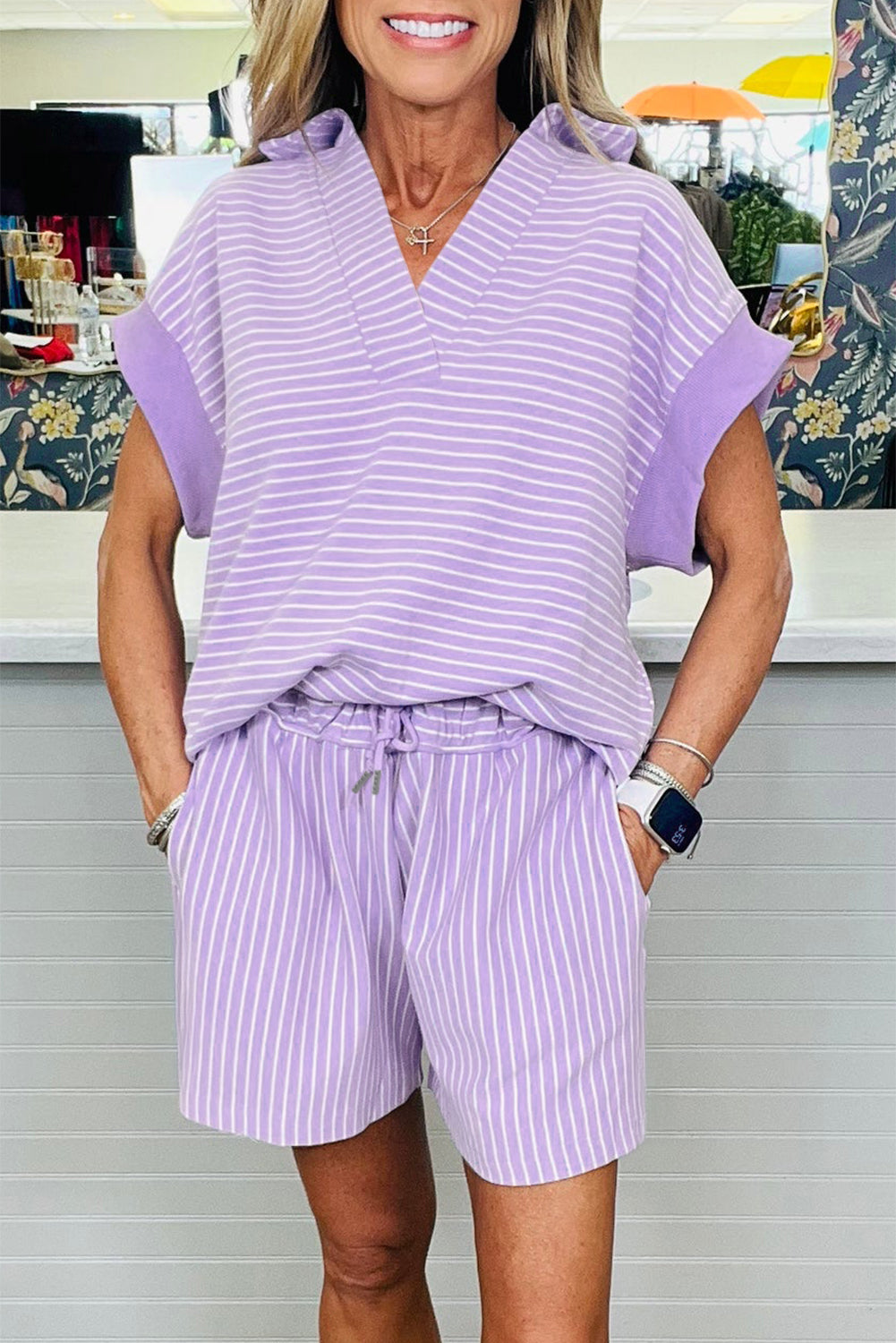 Purple Stripe Dolman Sleeve Polo Shirt and Drawstring Shorts Set