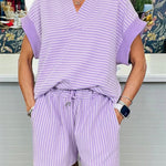 Purple Stripe Dolman Sleeve Polo Shirt and Drawstring Shorts Set