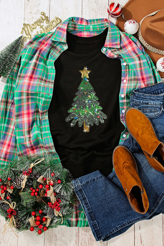 Black Sequined Christmas Tree Pattern Pullover Sweatshirt