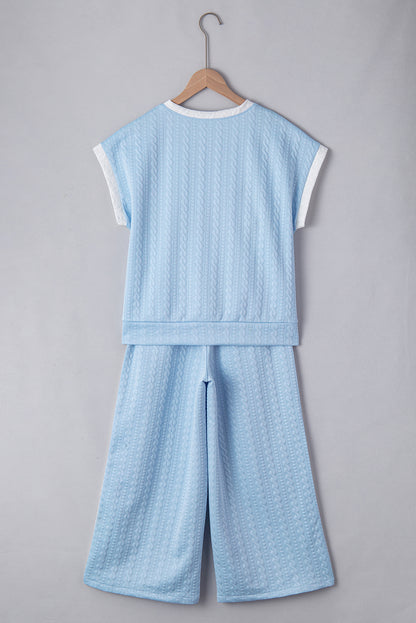 Ensemble débardeur et pantalon taille haute à bordures colorblock texturées bleu Beau