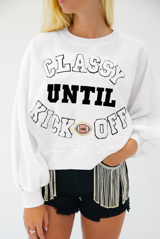 White CLASSY UNTIL KICKOFF Plush Letter Patched Loose Sweatshirt