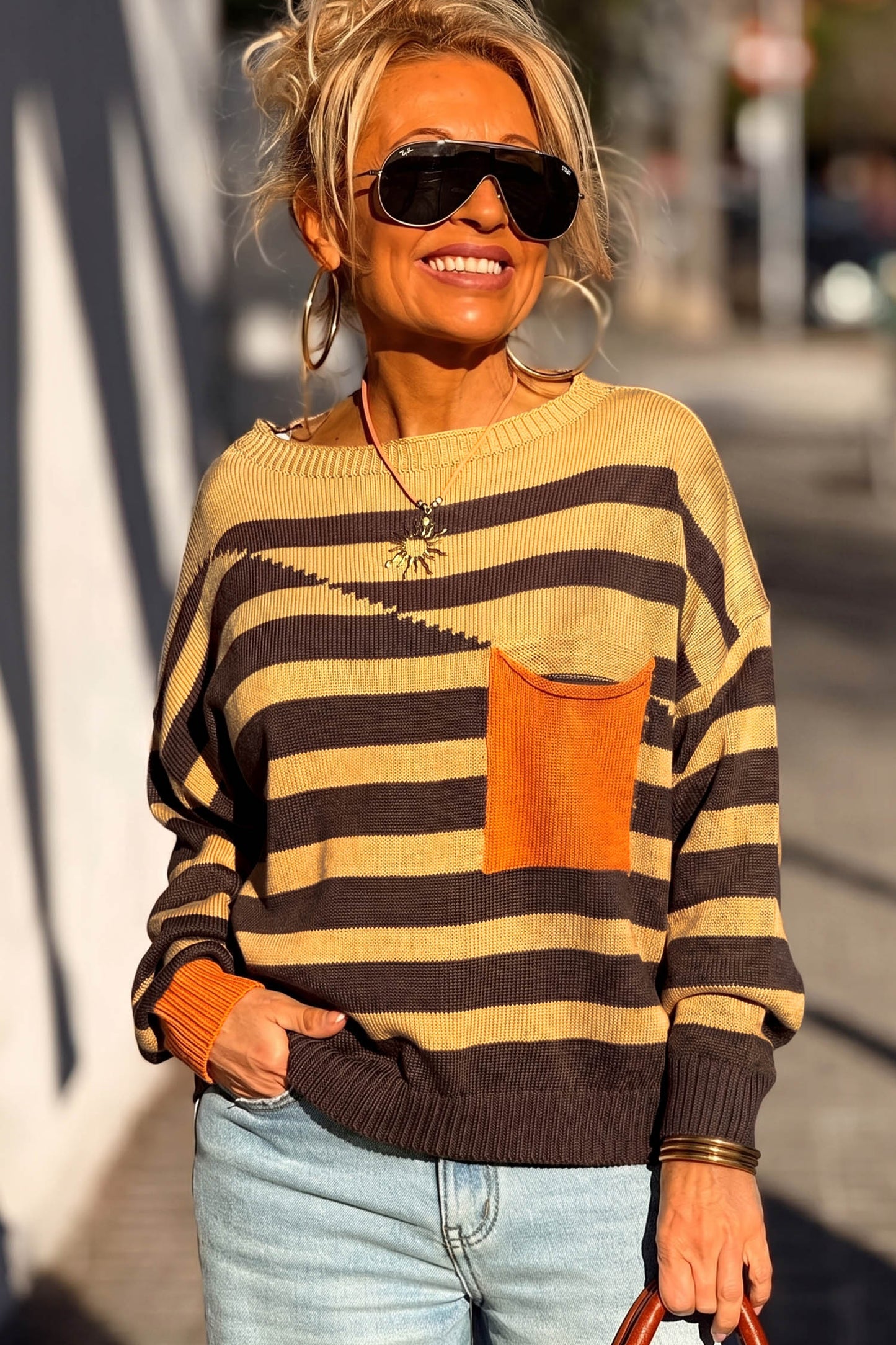 Brown Stripe Striped Drop Shoulder Colorblock Pullover Sweater