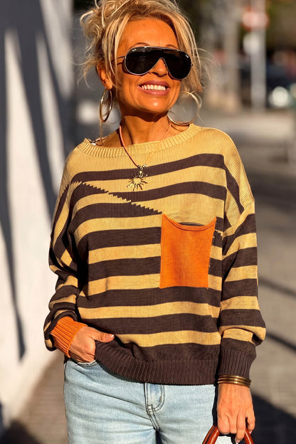 Brown Stripe Striped Drop Shoulder Colorblock Pullover Sweater