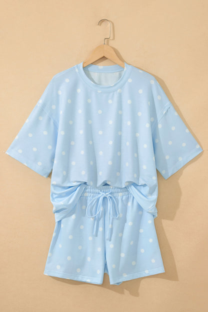 Sky Blue Polka Dot Short Sleeve Loose Top Drawstring Shorts Set