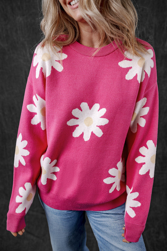Pull ras du cou à manches longues et motif marguerites rose vif