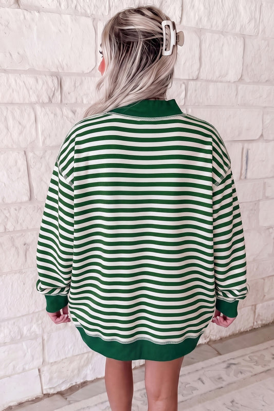 Green Stripe Christmas Slogan Embroidery Patched Mock Neck Oversized Sweatshirt