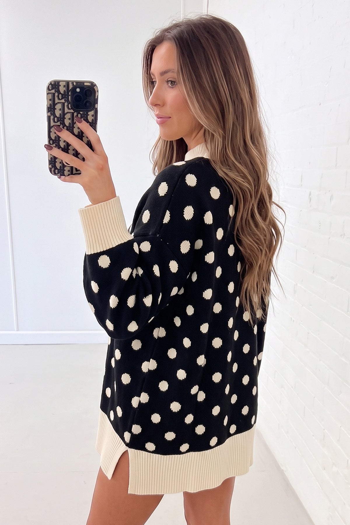 Black Polka Dot Pattern Ribbed Colorblock Trim Split Tunic Sweater