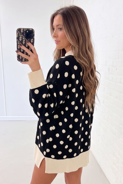 Black Polka Dot Pattern Ribbed Colorblock Trim Split Tunic Sweater