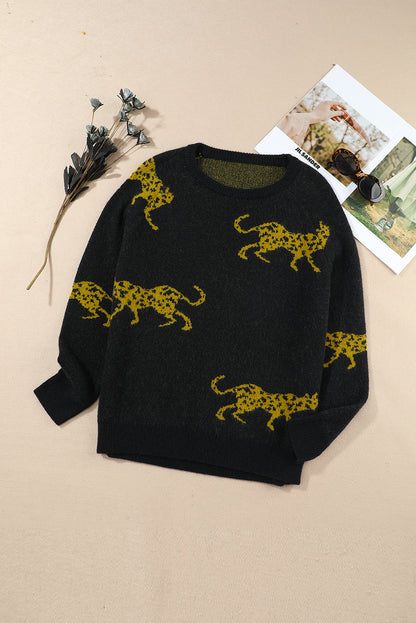Pull col rond en maille à motif guépard noir 