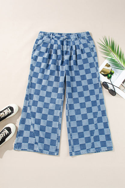 Jean large taille haute à carreaux bleu crépuscule grande taille