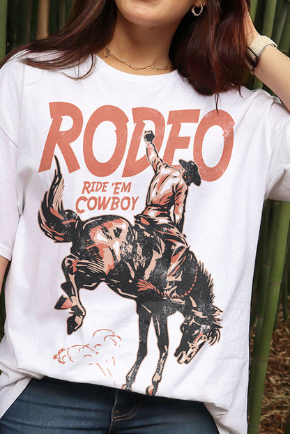 T-shirt blanc à col rond avec imprimé cowboy RODEO