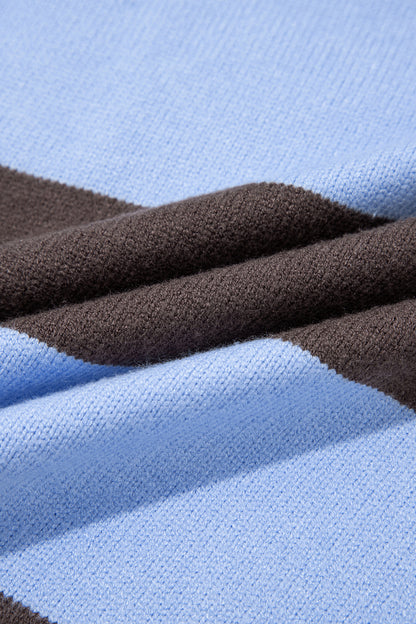 Sky Blue Stripe Contrast High Neck Dropped Shoulder Relaxed Pullover Sweater