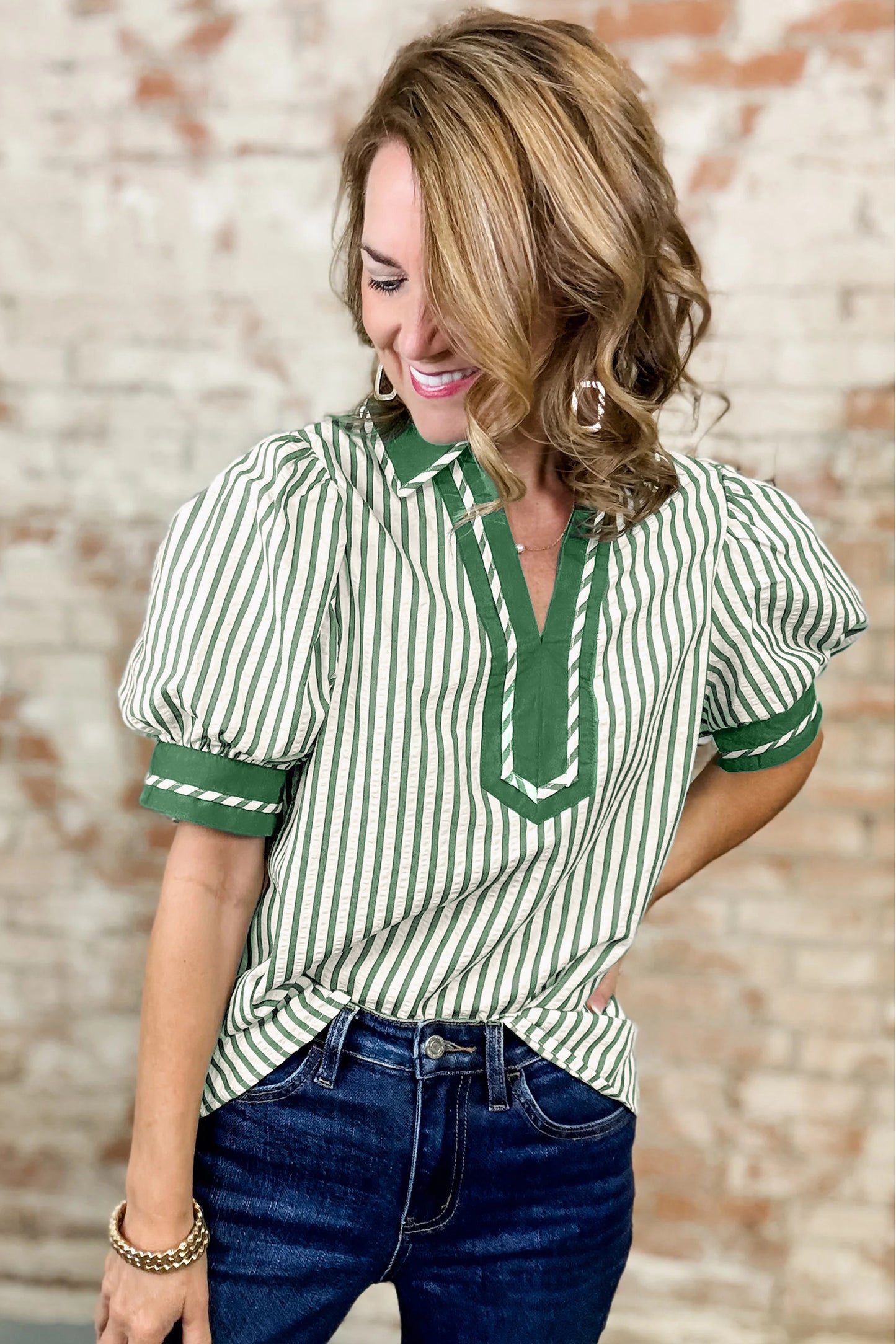 Green Stripe Collared Split Neck Short Bubble Sleeve Blouse