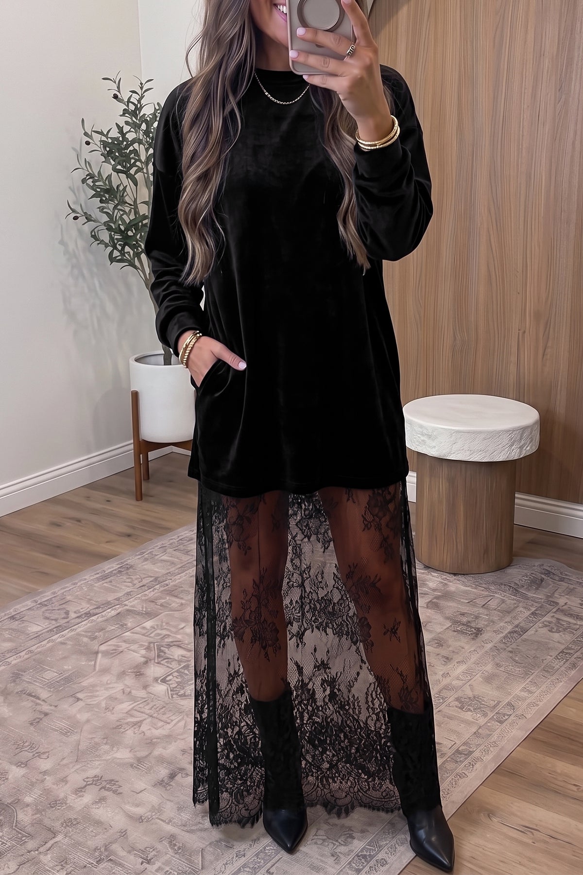 Black Velvet Long Sleeve Lace Splicing Hem Shift Maxi Dress