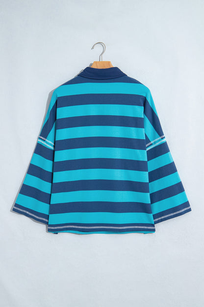 Blue Stripe Contrast Polo Collar Bracelet Sleeve Loose Top