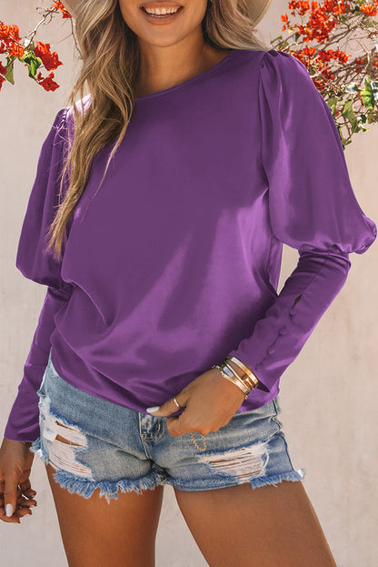 Satin Buttoned Cuffs Puff Sleeve Top