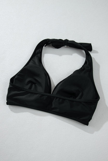 Bikini push-up noir à col en V et bordure en maille transparente