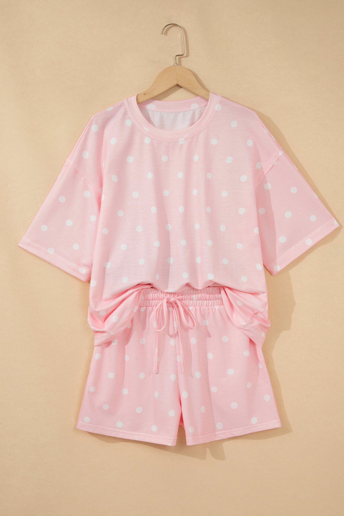 Yellow Polka Dot Short Sleeve Loose Top Drawstring Shorts Set