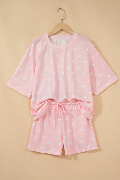 Yellow Polka Dot Short Sleeve Loose Top Drawstring Shorts Set