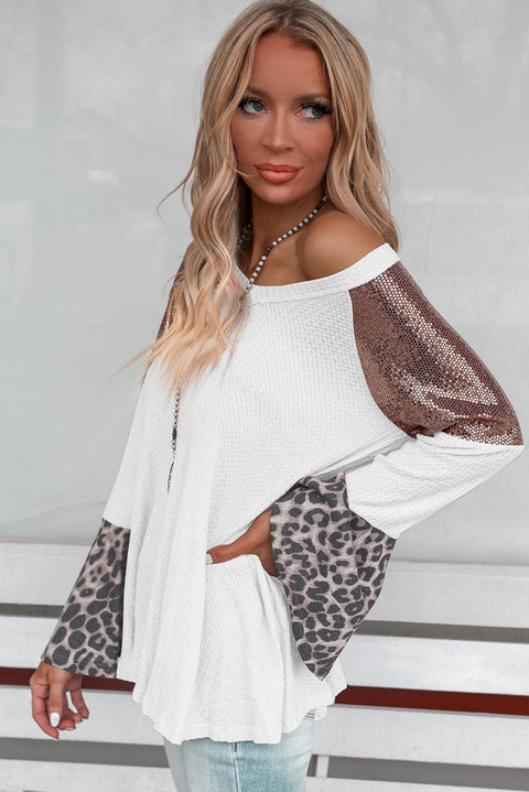 Leopard Sequin Patchwork Bell Sleeve V Neck Tunic Top