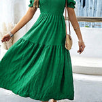 Dark Green Solid Textured Smocked Puff Short Sleeve High Waist Long Dress
