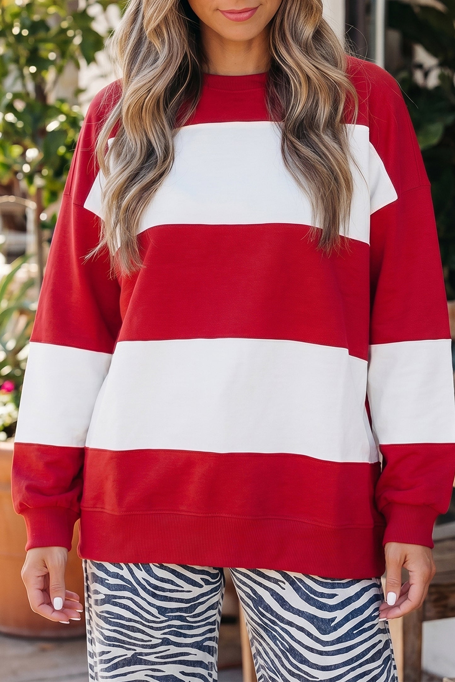 Fiery Red Colorblock Drop Shoulder Baggy Sweatshirt